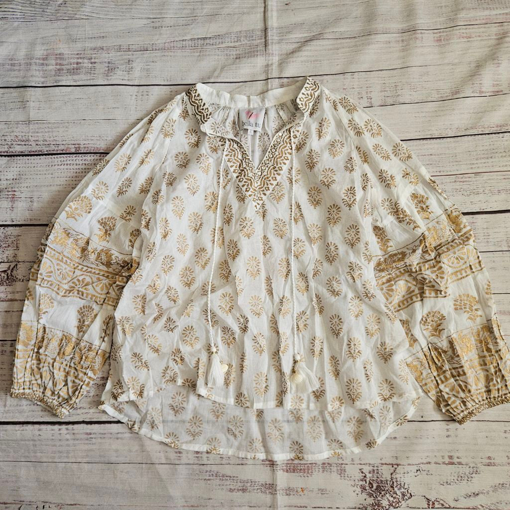 Bella Tu Peasant Blouse White Gold Balloon Sleeve Boho Tassle Womens Large